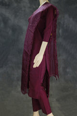 Dark Purple Roman Silk 3-Piece Kurti Set with Elastic Pant and Chiffon Dupatta, Floral Embroidery and Beaded Neck