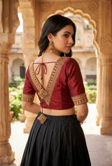 Maroon Readymade Padded Designer Blouse with V-Neck Gold Zari & Sequin Work, Elbow Sleeves, Back Knot