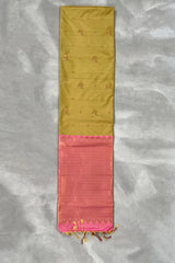 Mustard Korvai Soft Silk Saree with Delicate Gold Zari Buttas and Traditional Floral Border