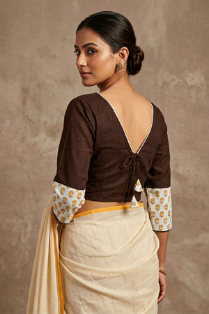 Brown Cotton Designer Blouse - Back Open, Stitched