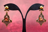 Antique Gold-Tone Dangling Earrings with Square Amber Stone - 2.4 inch Ethnic Jhumka Style Jewelry JCS Fashions