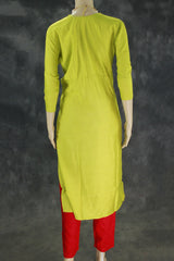 Lime Green Cotton Kurta Pant Set - Straight Cut Kurti with Three-Quarter Sleeves and Red Elastic Waist Pants - 2-Piece