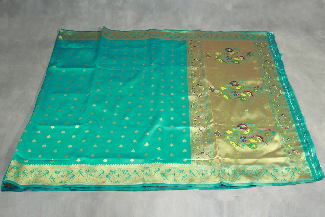 Green Paithani Pure Silk Saree with Peacock Zari Pallu and Design Border, Jacquard Full Body Butties