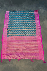 Madhumita Fancy Teal Cotton Organza Saree with Floral Pallu and Stone Work Designer Blouse
