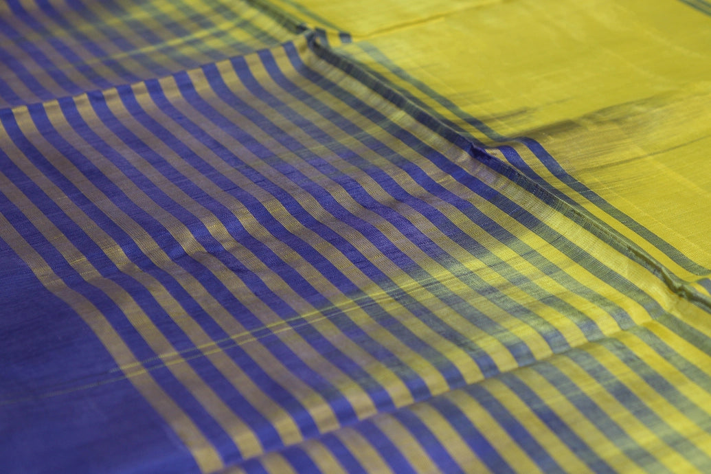 Handwoven Lemon Yellow Vaazhai Naar (Banana Pith) Borderless Saree with Deep Blue Pallu