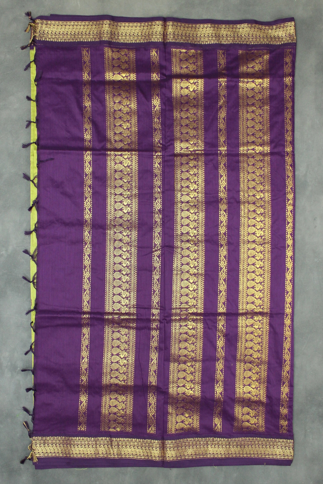 Kalyani Cotton Saree - Green Body with Purple Zari Border and Putta Motifs Saree JCS Fashions