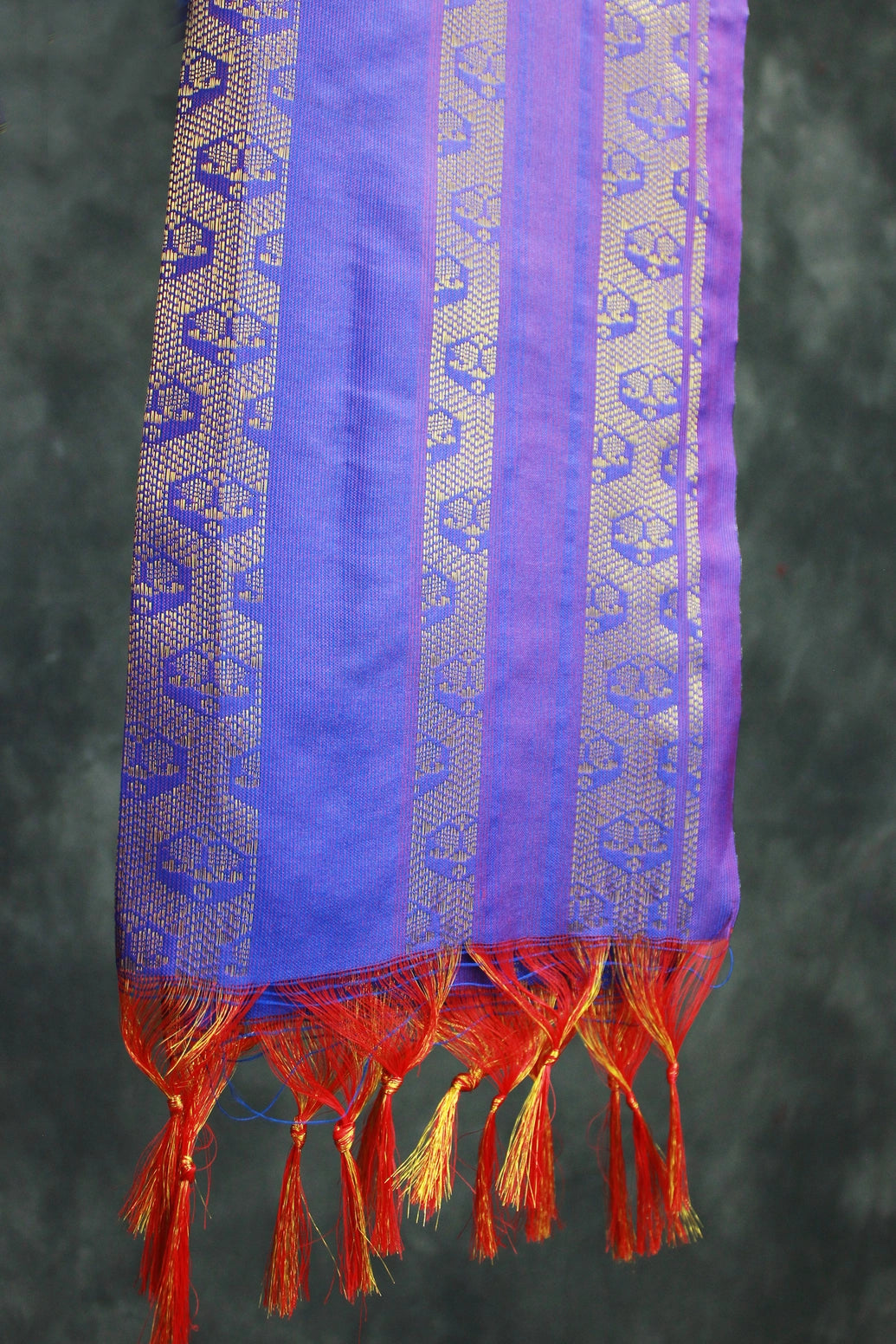 Violet Ponnadai Poly Silk Jacquard Temple Shawl with Zari Pattern and Tassels for Pooja Weddings Functions