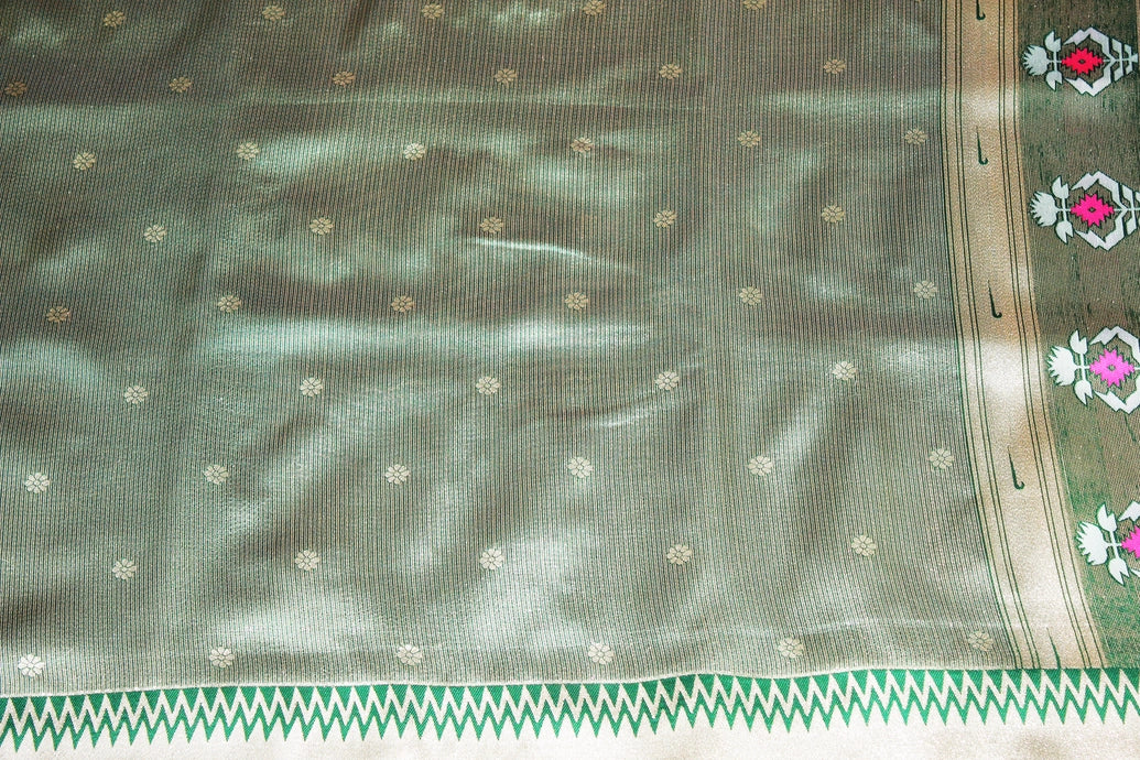 Bottle Green Paithani Tissue Saree with Zari Work and Blouse, Full Body Weaving