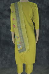 Roman Silk Olive Green 3-Piece Kurti Set with Embroidered Yoke & Printed Dupatta Kurti JCS Fashions