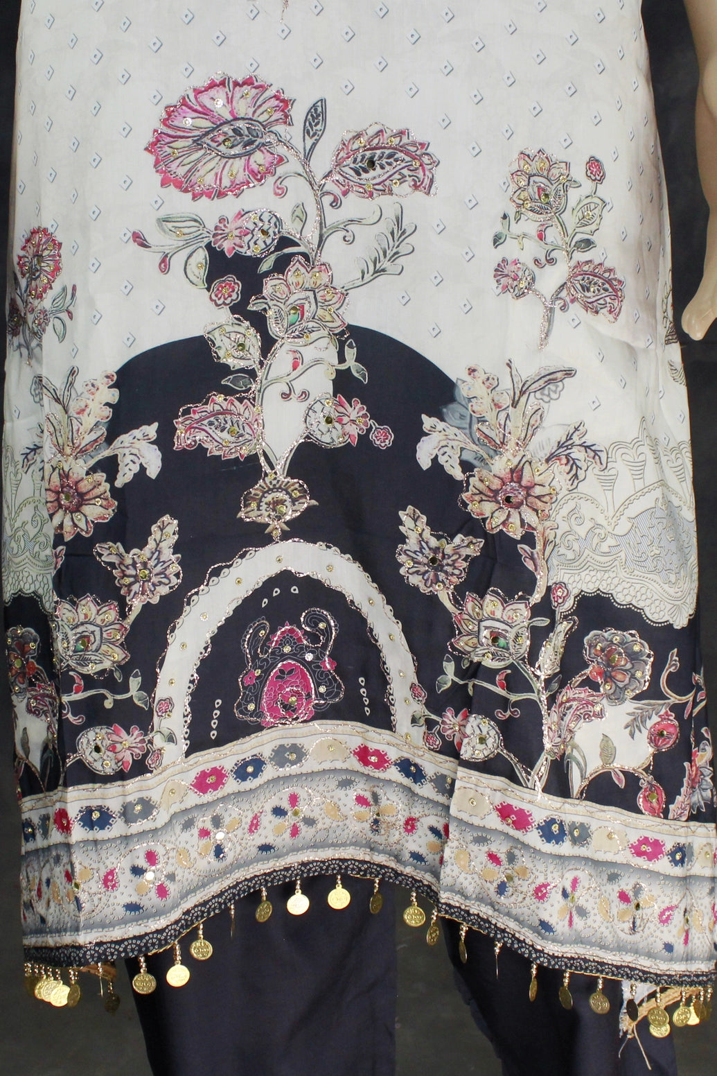 Light Cream Designer Crepe 3-Piece Salwar Suit with Mirror & Stone Work - Kurti, Pant & Cotton Dupatta