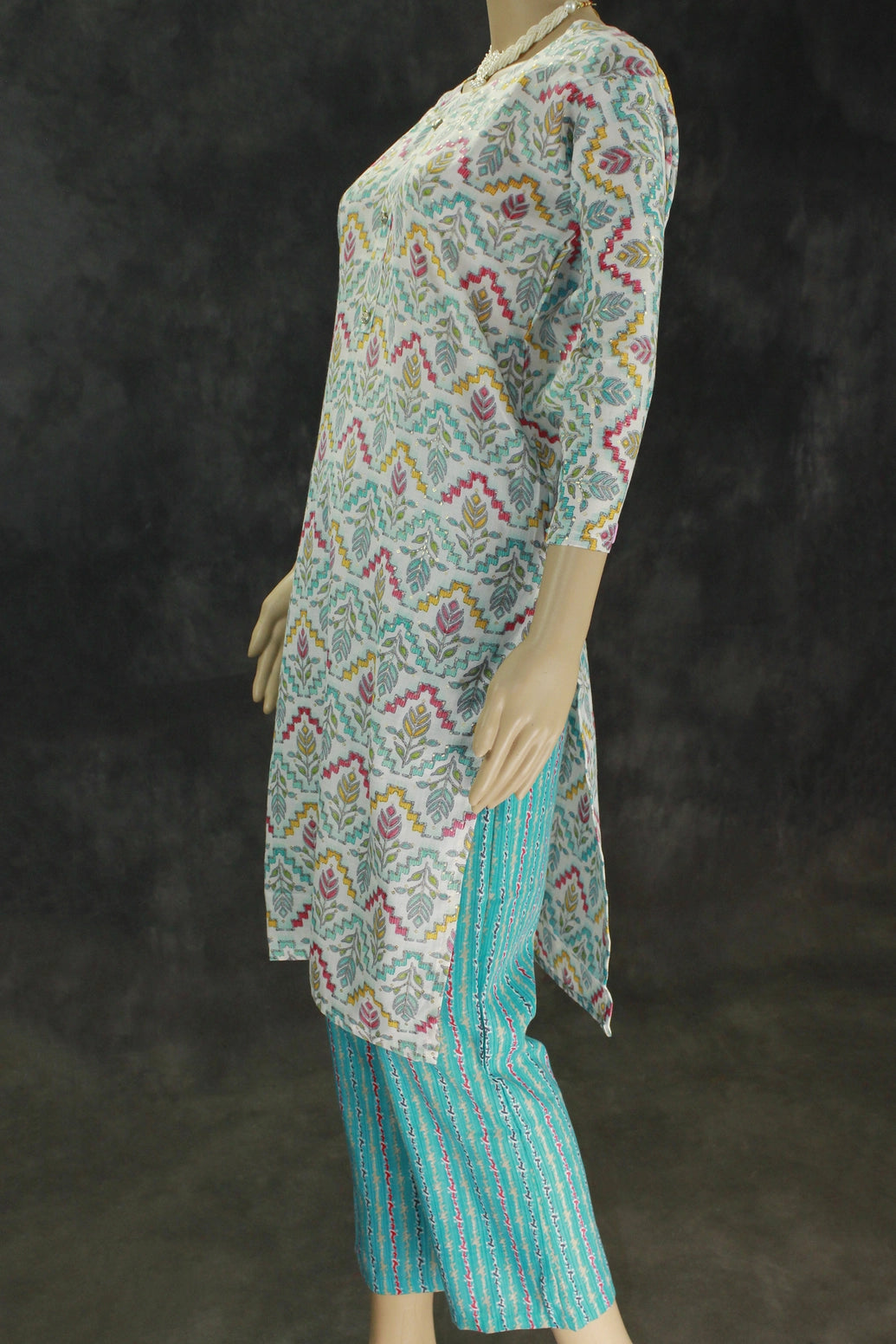 Cotton Printed Kurti Set with Elasticated Pants, Cream & Multicolour Print - Two-piece Kurti and Pant