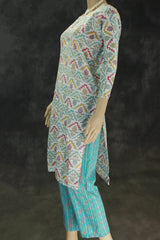 Cotton Printed Kurti Set with Elasticated Pants, Cream & Multicolour Print - Two-piece Kurti and Pant