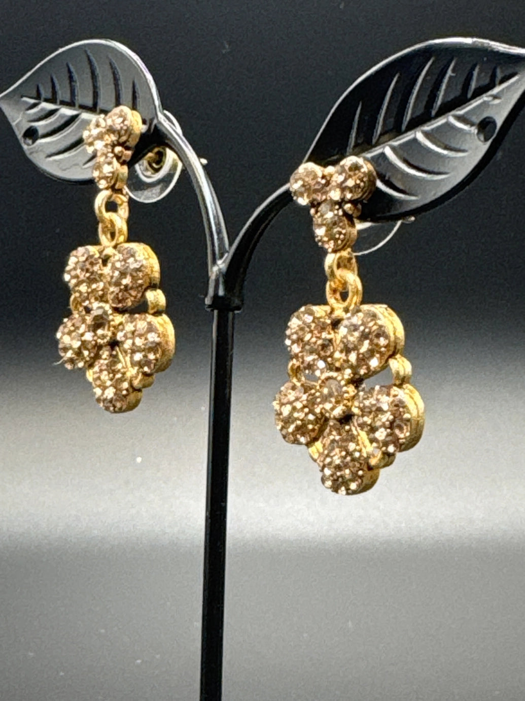 Antique Floral Gold-Tone Dangler Earrings with Stone Detailing - 1.5 inch