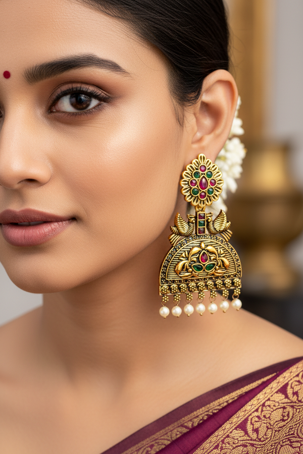 Antique Gold-Tone Jhumka Earrings with Green and Red Stones, Floral Stud & Pearl Drops - 3 inch
