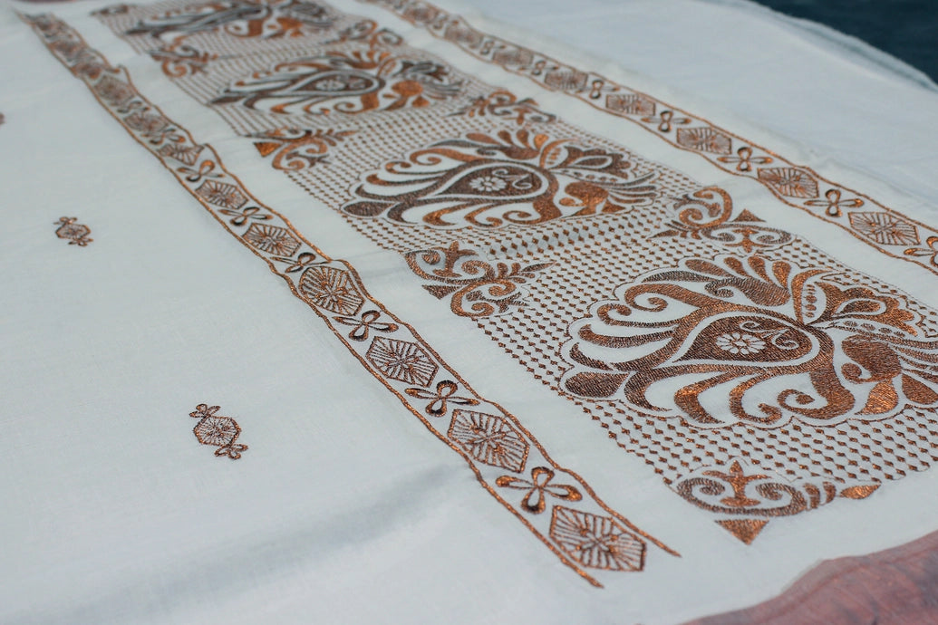 Pure Kerala Cotton White Saree with Copper Zari Peacock & Leaf Embroidery