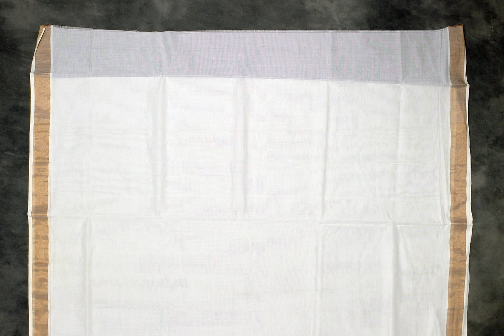 Pure Kerala Cotton White Saree with Copper Zari Peacock Embroidery