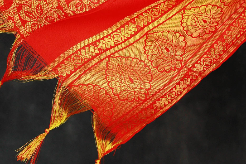 Red Zari Pattu Shawl Ponnadai for Events, Arangetram and Functions, Traditional Gold-Pattern Stole