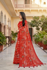 Orange Georgette Saree with Striped Motifs and Contrast Border | Full Siroski Work Printed Ethnic Wear