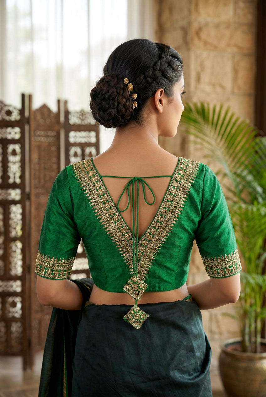Green Readymade Designer Padded Blouse with V-Neck Gold Zari & Sequin Work, Elbow Sleeves, Back Knot