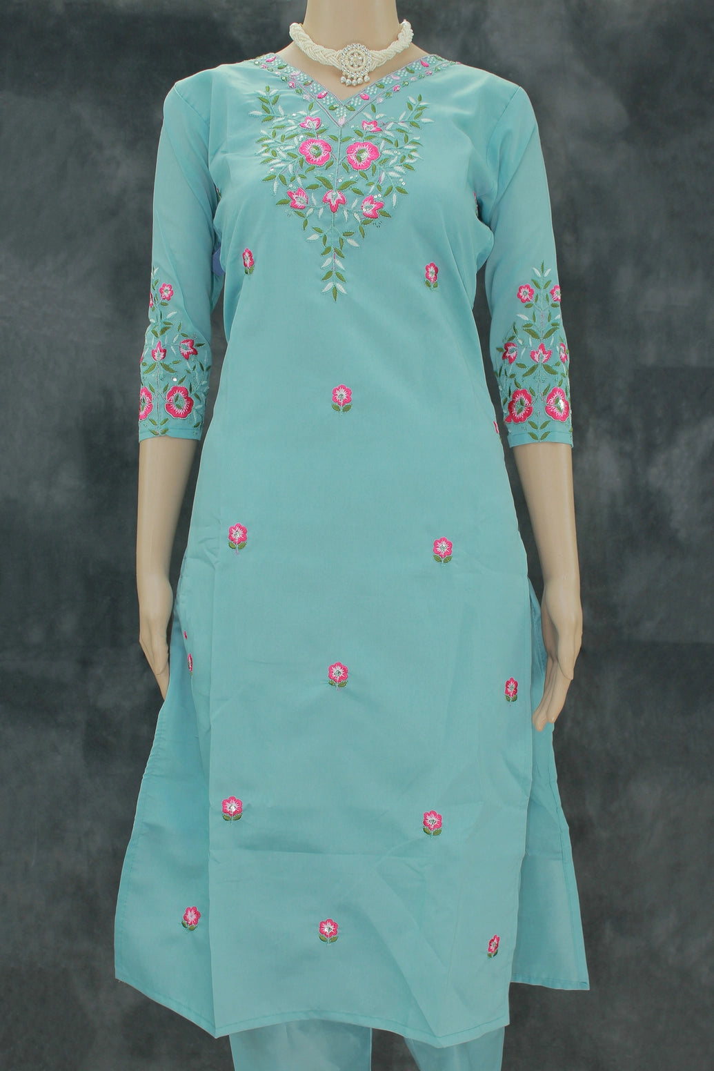 Pastel Blue Roman Silk 3-Piece Kurti Set with V Neck, Elastic Pant & Organza Zari Dupatta