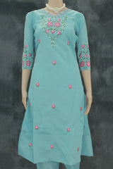 Pastel Blue Roman Silk 3-Piece Kurti Set with V Neck, Elastic Pant & Organza Zari Dupatta
