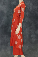 Orange Embroidered Cotton 3-Piece Kurti Set with Elasticated Pant & Chiffon Dupatta Kurti JCS Fashions