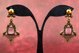 Antique Gold-Tone Dangling Earrings with Light Pink Square Stone - Ornate 2.4 inch Jewelry JCS Fashions