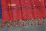 Vaazhai Naar (Banana Pith) Borderless Saree in Red with Contrasting Blue Pallu, Small Buttas & Fringed Tassels