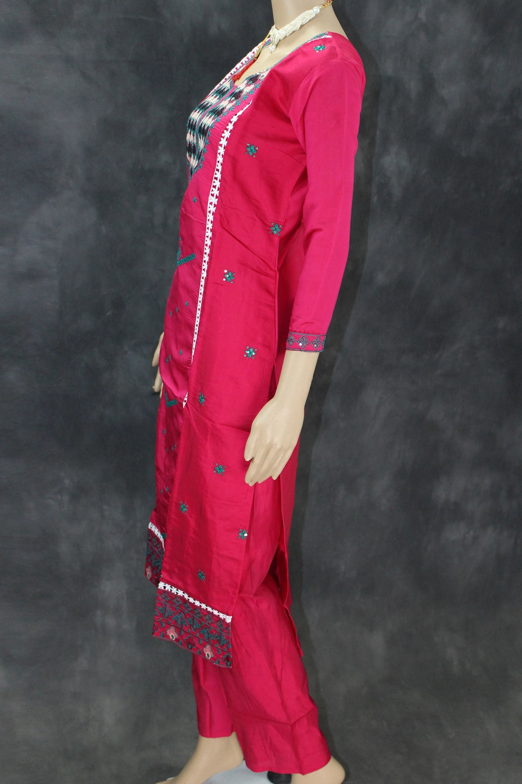 Roman Silk Pink Embroidered 3-Piece Salwar Suit with Organza Dupatta and Elastic Pants Kurti JCS Fashions