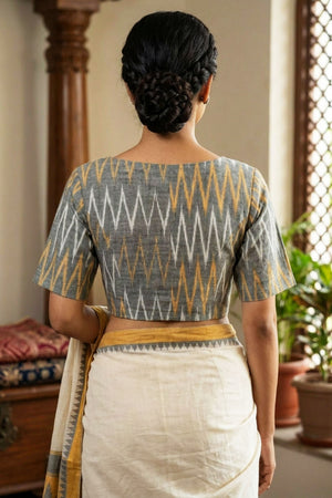 Gray Cotton Ikkat Blouse - Boat Neck, Stitched