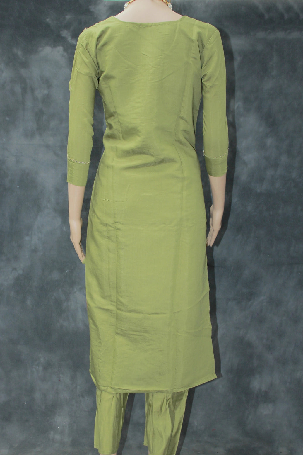 Olive Green Roman Silk 3-Piece Kurti Set with Beads & Aari Work and Digital Jacquard Dupatta