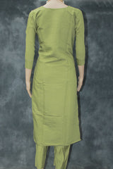 Olive Green Roman Silk 3-Piece Kurti Set with Beads & Aari Work and Digital Jacquard Dupatta