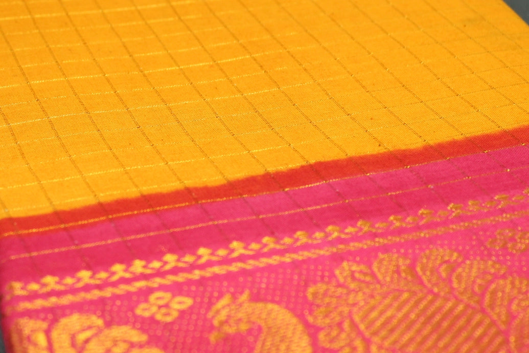 Sungudi Cotton Checked Saree in Yellow with Peacock Gold-Tone Zari Double Border Saree JCS Fashions