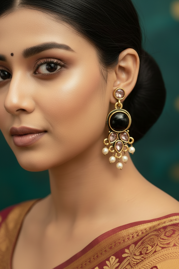 Black Gold-Tone Antique Pearl Drop Earrings for Traditional Indian Wear