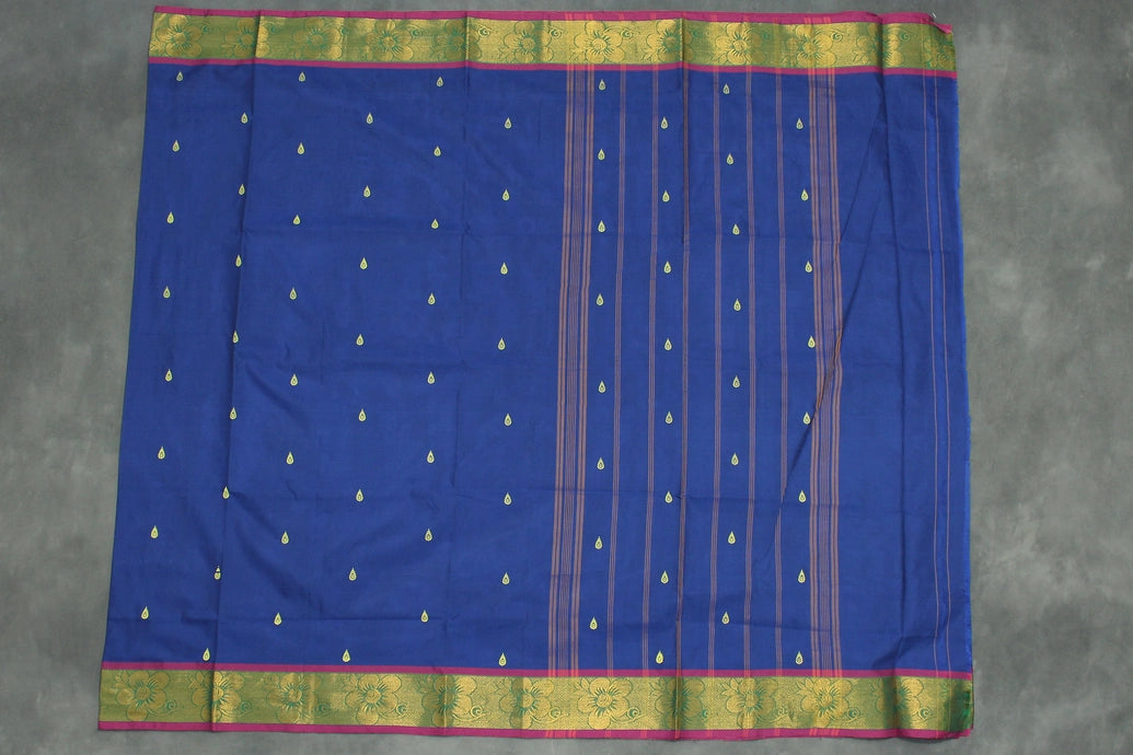 Royal Blue Poly Cotton Butta Saree with Gold Zari Floral Border, Striped Pallu - Traditional Indian Saree Saree JCS Fashions