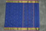 Royal Blue Poly Cotton Butta Saree with Gold Zari Floral Border, Striped Pallu - Traditional Indian Saree Saree JCS Fashions