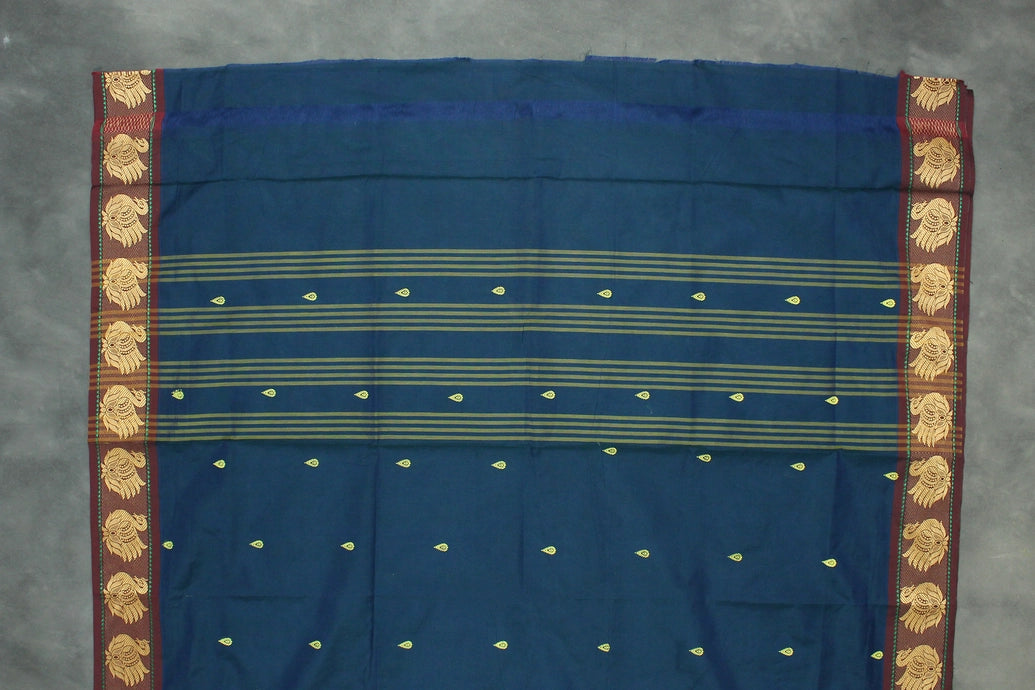 Navy Blue Poly Cotton Butta Saree with Gold-Coloured Thread Temple Border Saree JCS Fashions