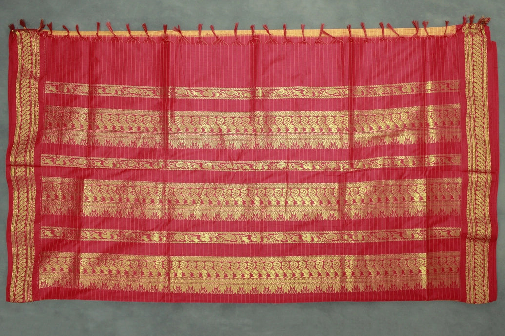 Orange Kalyani Cotton Saree with Zari Checked and Peacock Border and Blouse