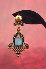 Sea Blue Stone Antique-Gold Dangling Earrings - Ornate Square Drop, 2.4 inch Jewelry JCS Fashions