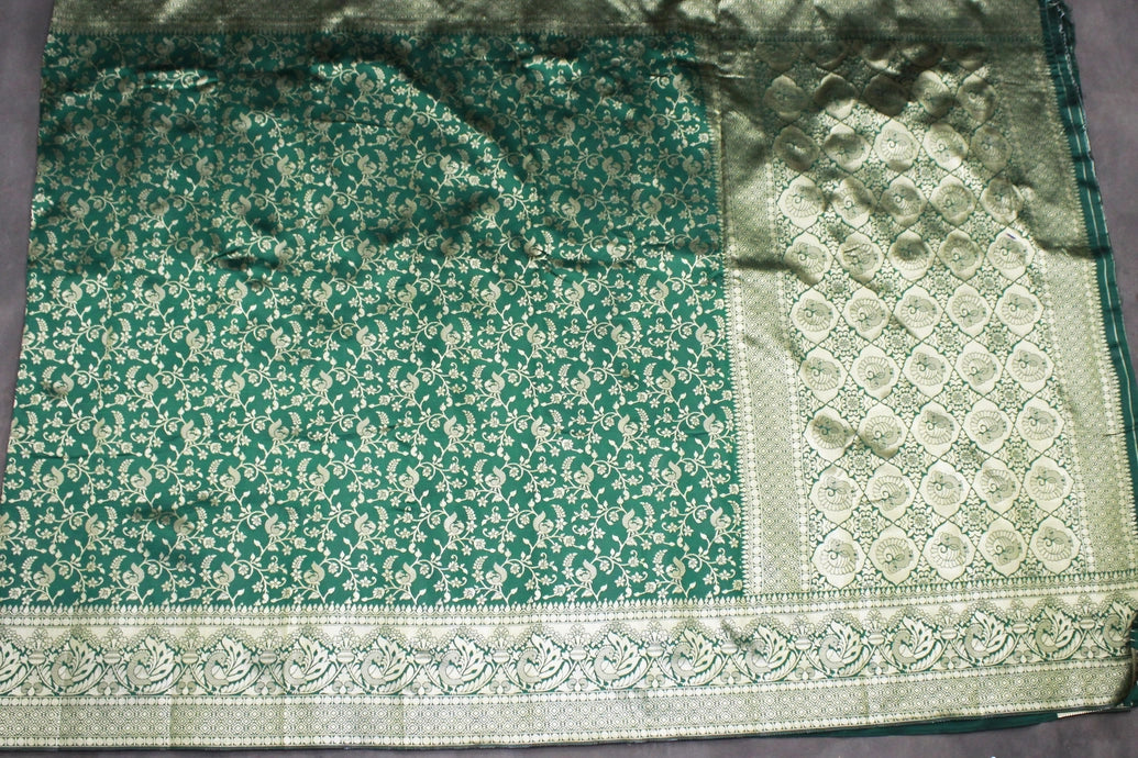 Green Banarasi Handloom Satin Saree with Floral Woven Embroidery Print, Includes Blouse