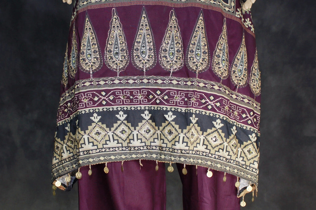 Purple Designer Crepe 3-Piece Salwar Set with Stone & Mirror Embroidery and Gold Coin Hangings