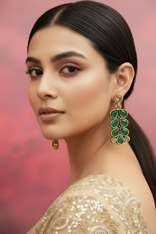 Antique Gold-Tone Green Teardrop Leaf Earrings — Traditional Ethnic Festive Fashion Jewellery