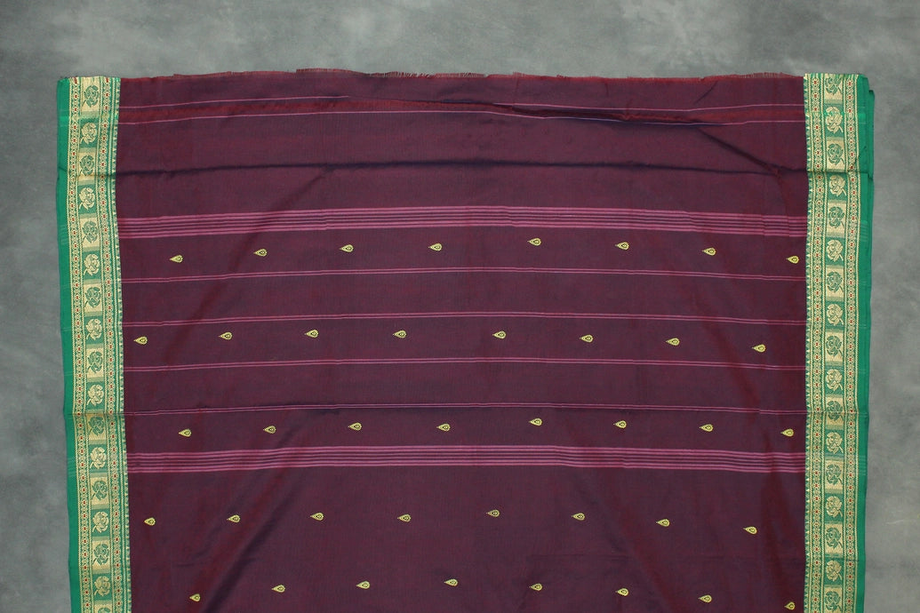 Dark Purple Poly Cotton Butta Saree with Green Threaded Border Saree JCS Fashions