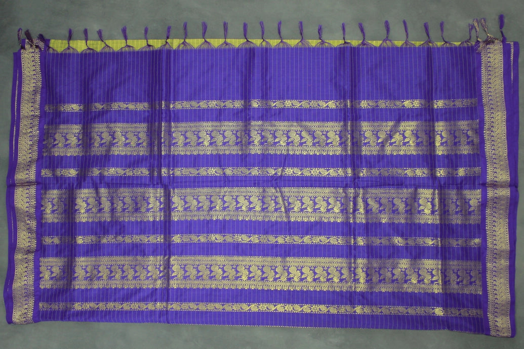 Kalyani Cotton Saree Olive Green with Zari Checked & Zari Peacock Border and Blouse Piece