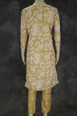 Mustard Yellow Cotton Kurti Pant Set with Printed Design, Elastic Waist & 2-Piece Kurta Pajama Style