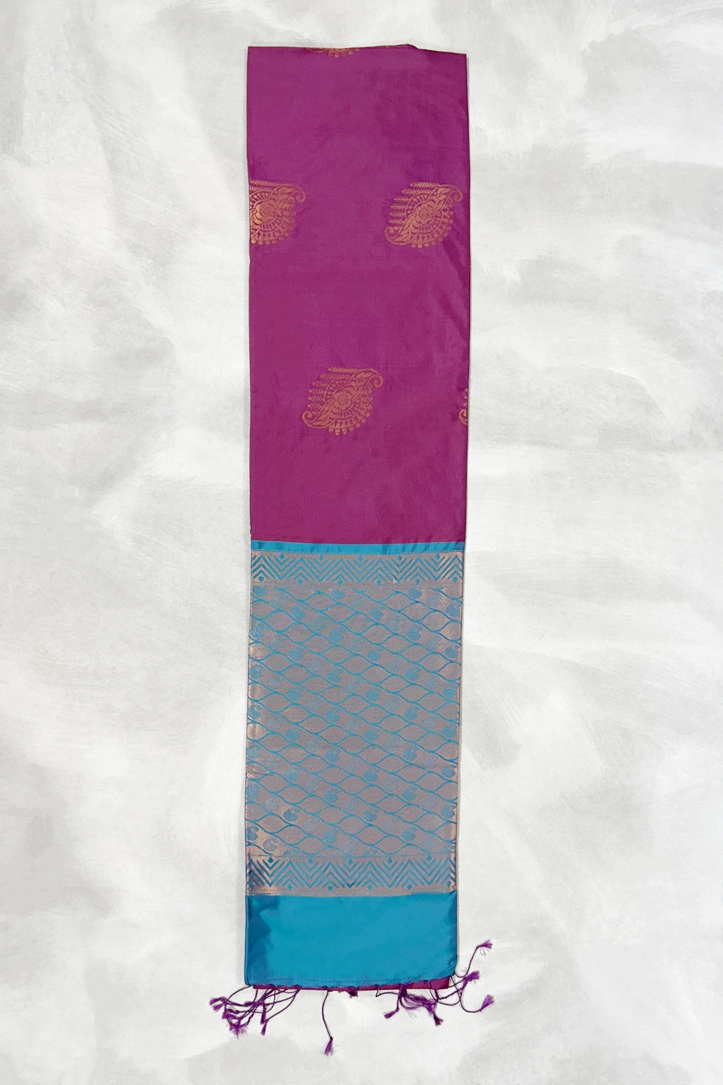 Wine Korvai Soft Silk Saree with Delicate Gold Zari Buttas and Floral Border, With Contrast Blue Blouse Piece