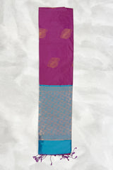 Wine Korvai Soft Silk Saree with Delicate Gold Zari Buttas and Floral Border, With Contrast Blue Blouse Piece