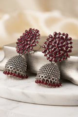 Traditional Oxidized Silver Jhumka Earrings with Floral Stud and Bead Drops - Fashion Jewellery