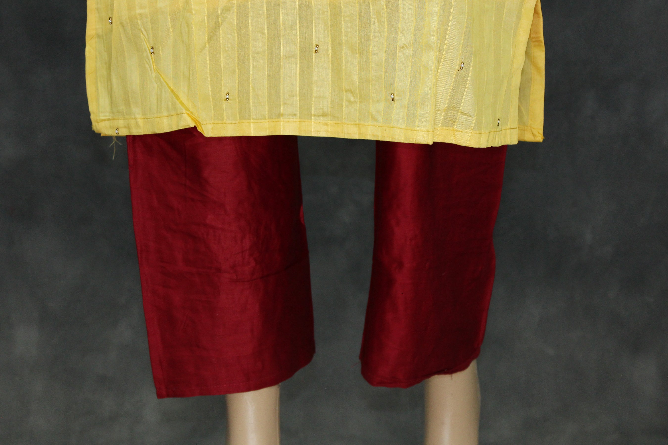 Yellow Silk Cotton Kurti with Elastic Pant Set, Aari and Thread Work with Beads for Women