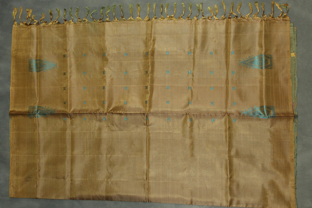 Banana Pith (Vaazhai Naar) Golden Brown Borderless Saree with Teal Butta Motifs - Handwoven